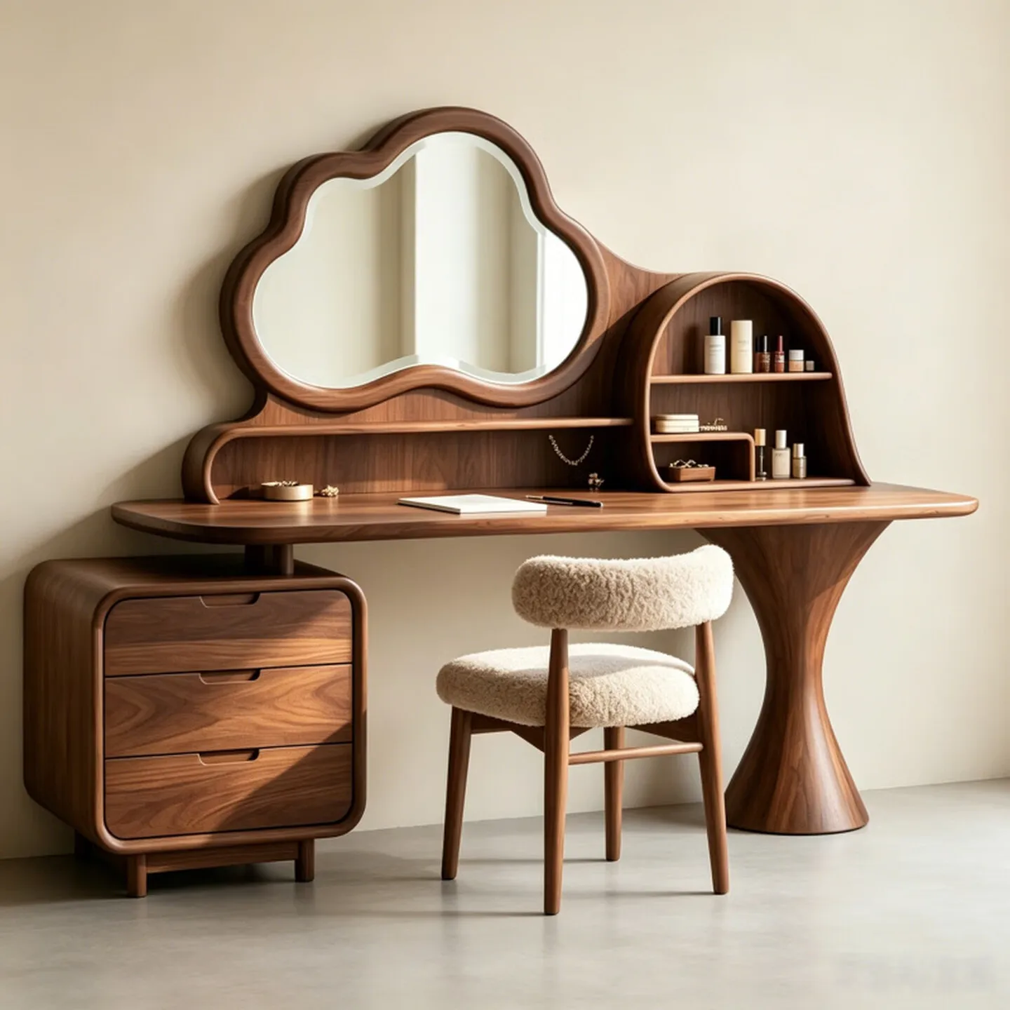 Modern simple solid wood dressing table, integrated storage with mirror, bedroom dressing table, black walnut