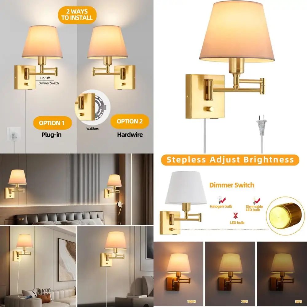 

Настенный светильник с поворотным кронштейном, тканевым абажуром, USB-портом и шнуром для подключения, с регулировкой яркости, для спален и гостиных