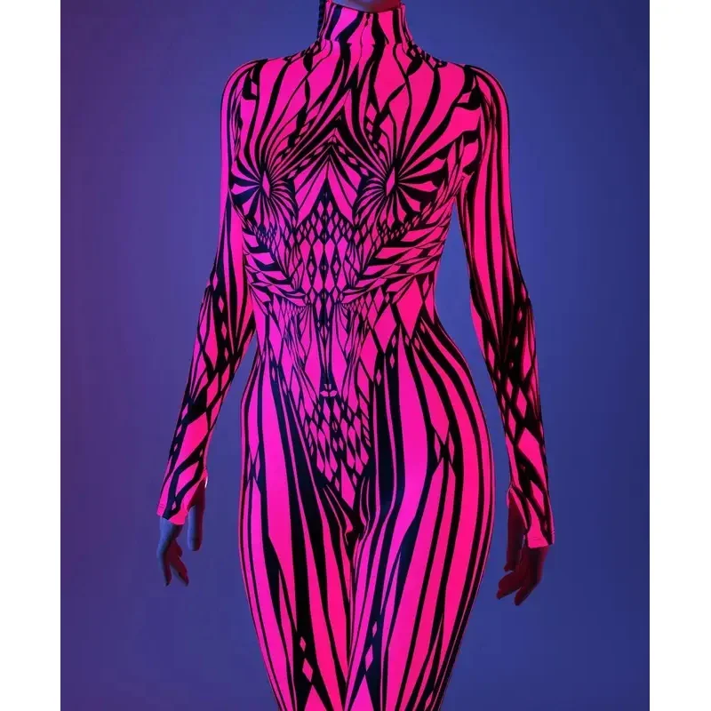 Tuta da donna con linee irregolari artistiche Tuta cyber punk Festa di Halloween Costume cosplay Performance Pagliaccetto Zentai Suit