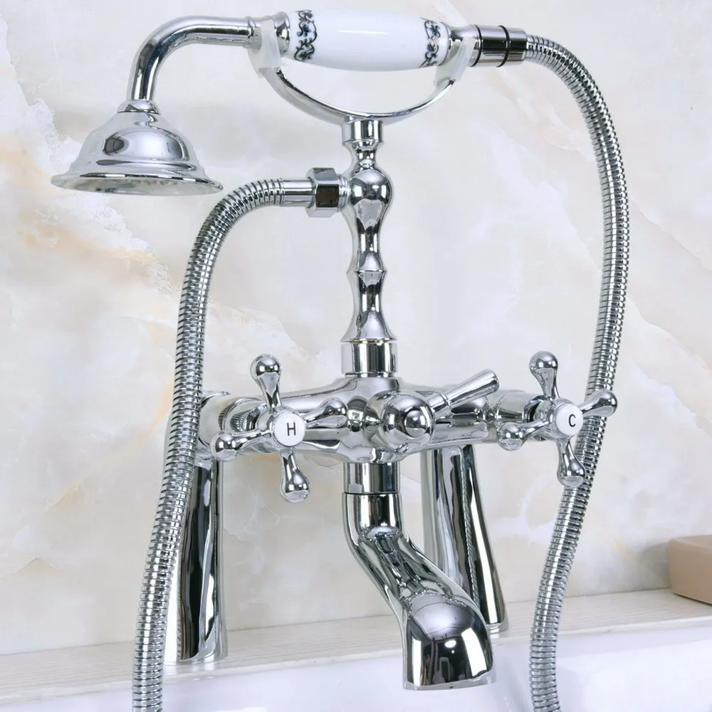 

Polished Chrome Bathtub Faucets Deck Mounted Telephone Style Clawfoot Tub Mixer Tap with Handheld Spray Shower Bna126