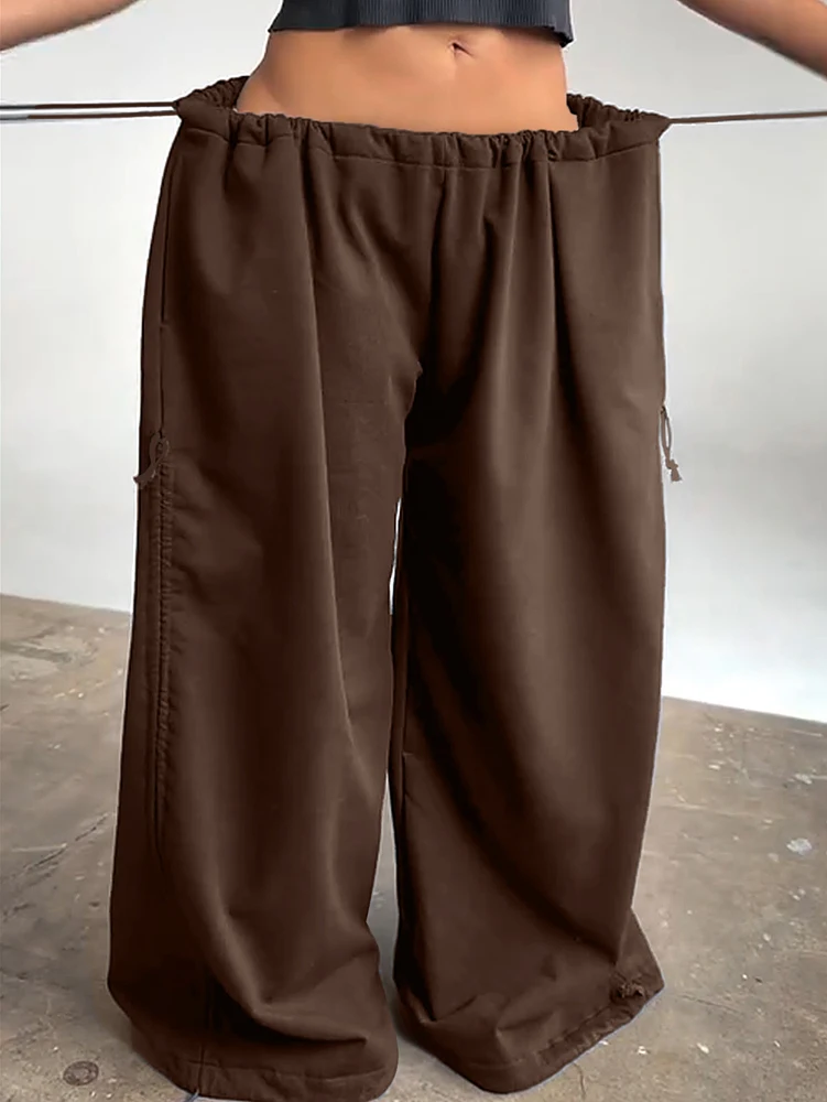 Damen Y2K Baggy Weite Hose mit Elastischem Bund und Verstellbarem Kordelzug, Lässige Lose Bodenlange Hose, Streetwear, Übergröße – Detail 14