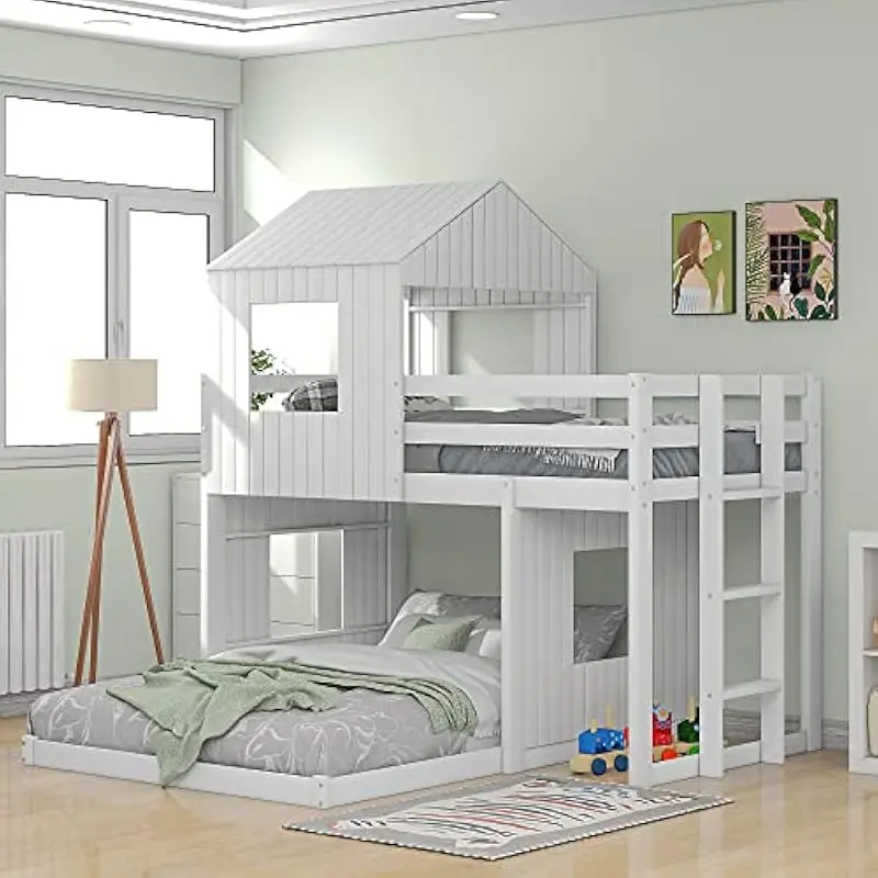 Twin Over Full Bunk Bed with Playhouse Style Cabin Frame Square Windows Reversible Left Right Assembly 3 Step Integrated Ladder