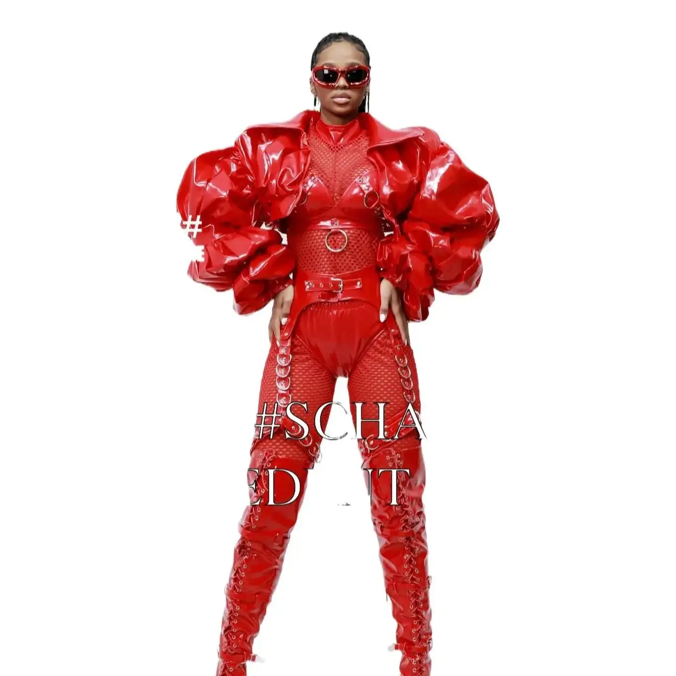 New Party Dancewear Women Bar Dance Costume Nightclub Rave Outfit Red PU Coat  Women Gogo Dance Clear Mesh Jumpsuit Set