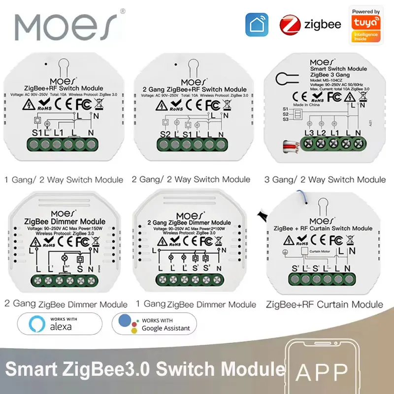 

MOES Tuya Smart ZigBee3.0 Switch Module Smart Dimmer Curtain Switch Smart Life App Remote Control Works With Alexa Google Home