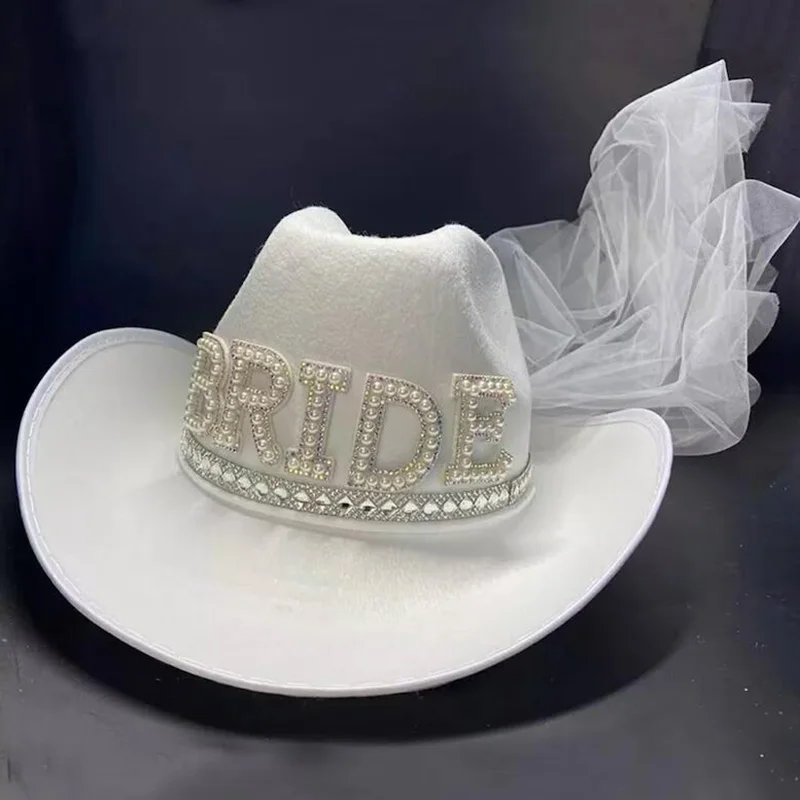 Sombrero de velo de vaquero blanco para novia, sombrero de vaquera de boda con diamantes de imitación de perlas, despedida de soltera de Bach,