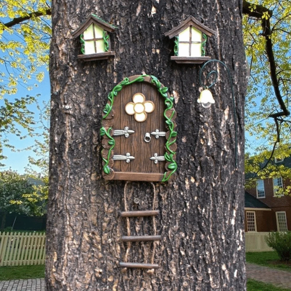 

Resin Mini Fairy Tale Door Mini Size Streetlight Patio Tree Decoration Whimsical Theme Rustic Design Garden Pendant