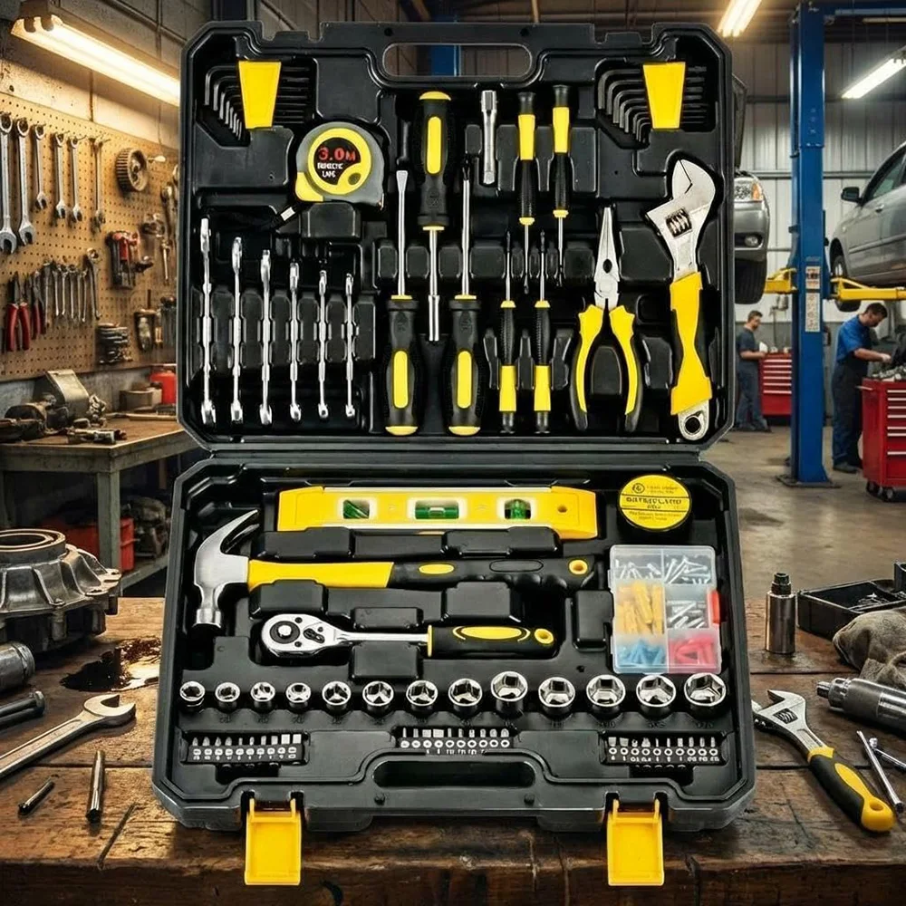Kit d'outils à main 108 pièces pour réparation automobile et domestique – Clés à douilles, clés à cliquet, tournevis – Outils de mécanique portables DIY avec mallette