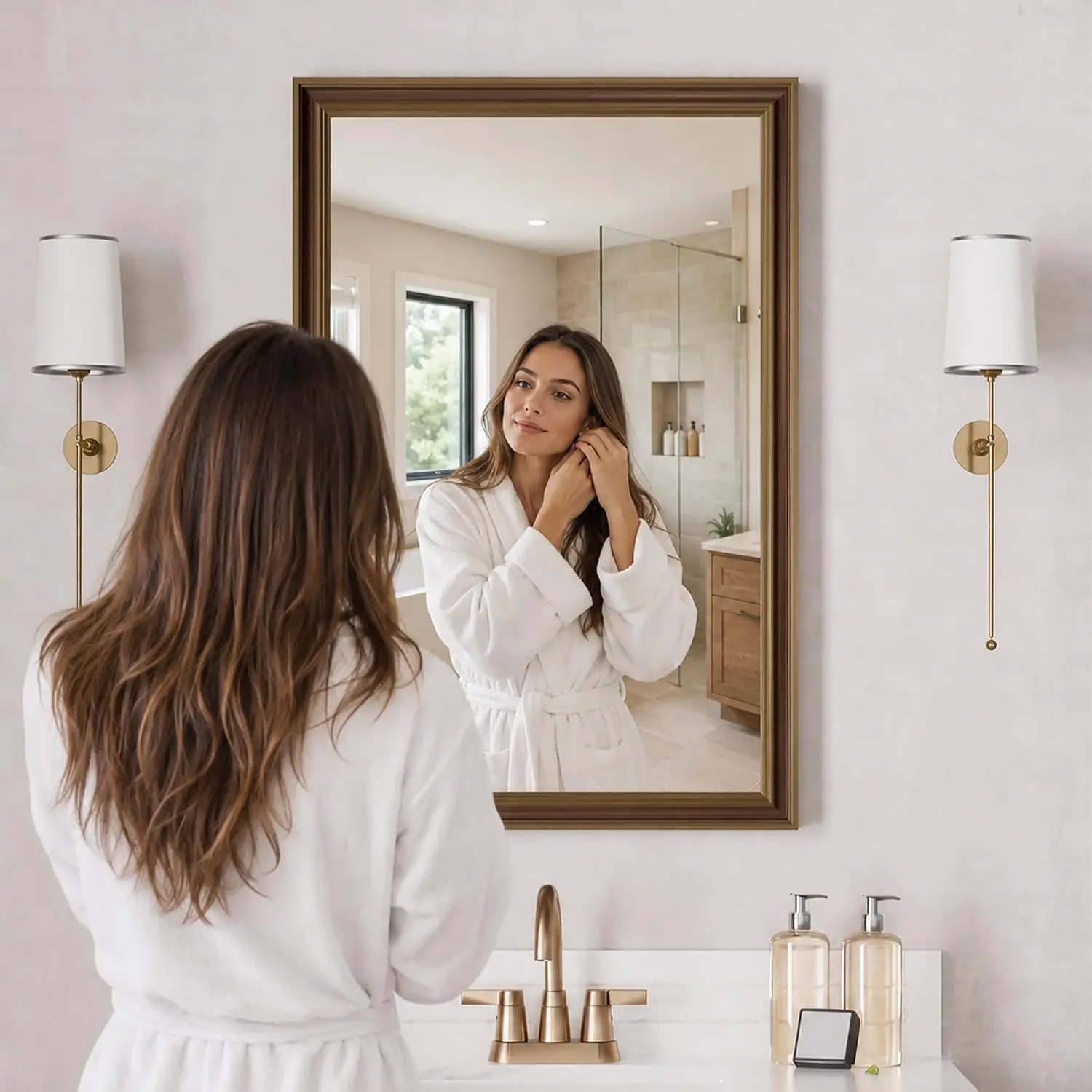 Farmhouse Bathroom Mirror 40 X 30 Inch Tempered Glass Vintage Rectangular Brown Wood Wide Trim Decor Wall Sink Bedroom Living En