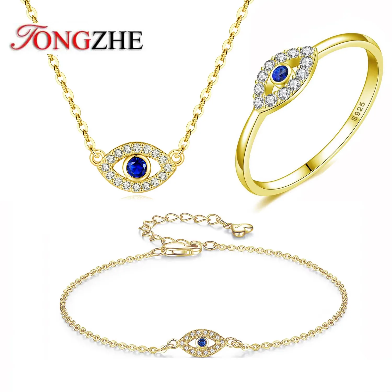 KALETINE Charm Evil Eye Bracelet 925 Sterling Silver Ring Necklace For Women  Luck Blue CZ Chain Link Turkish Jewelry Set