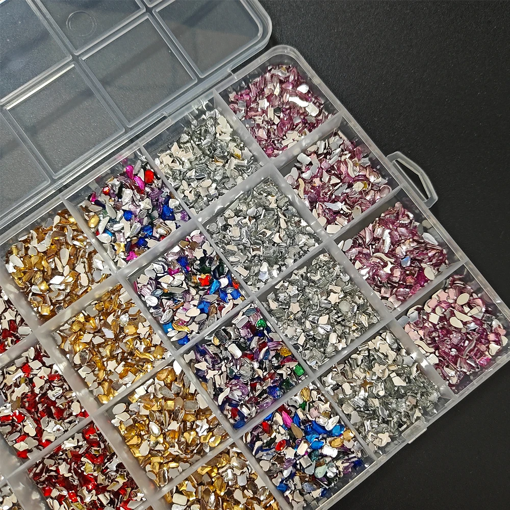 About 7500pcs(24 Grids) Colorful Mini Irregular Nail Rhinestone Charms 3D Sparkling Flat-Base Heart/butterfly/star Nail Decor