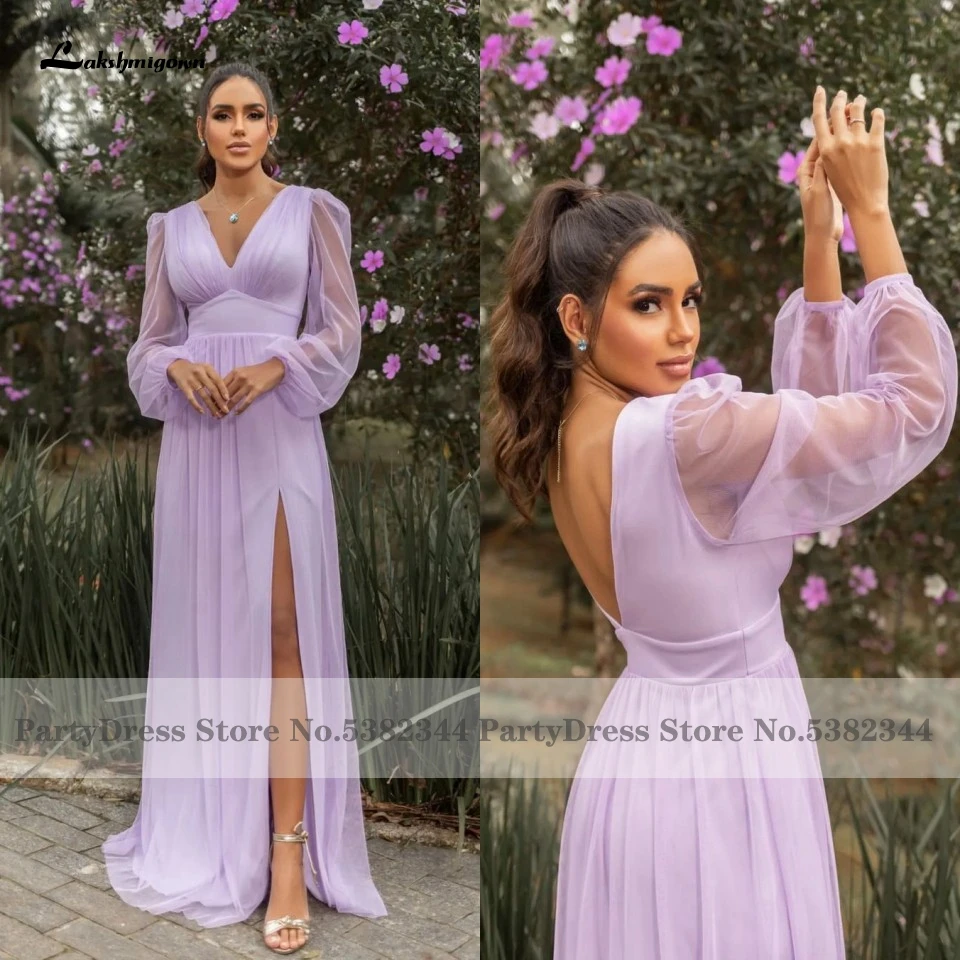 Lilac Tulle Long Sleeve Bridesmaid Dress Side Split Sexy Wedding Guest Dresses for Women 2025 Vestidos De Gala