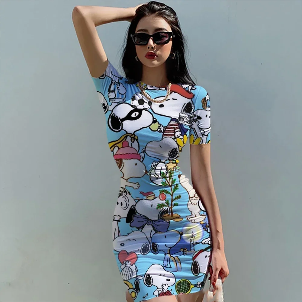 Sexy and tight fitting Snoopy O-neck pleated waist mini skirt spicy girl slim fit dress Bodycon women's tank top black