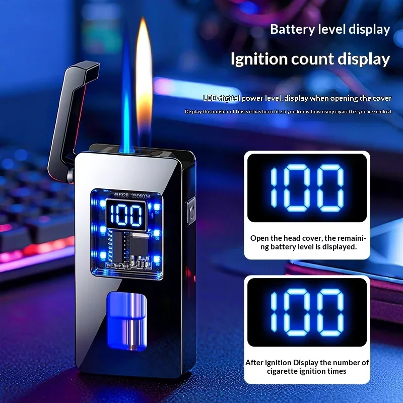 2027 Intelligent Voice Controlled Ignition Dual Flame Butane Gass Lighter Visual Gass Window Outdoor Portable Electric Lighters