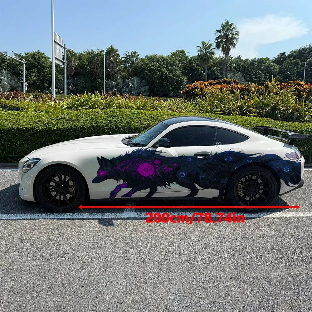 2pcs Purple Flame Mystical Fox Car Side Wraps, Self-Adhesive PVC Waterproof & Scratch-Resistant Stickers, Car Accessory Gift