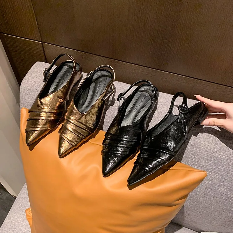 

Baotou Sandals Women's New French Temperament Pointed Toe Shallow Mouth Pleated Back Empty Low Heel Shoes