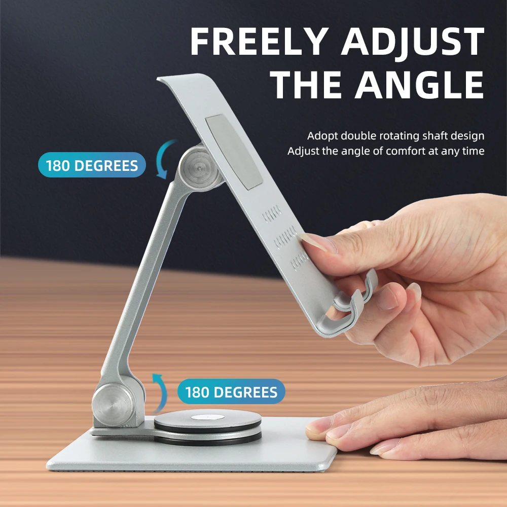 

180° Adjustable Metal Phone Holder, 360° Swivel Base Desktop Stand with Double Rotating Shaft