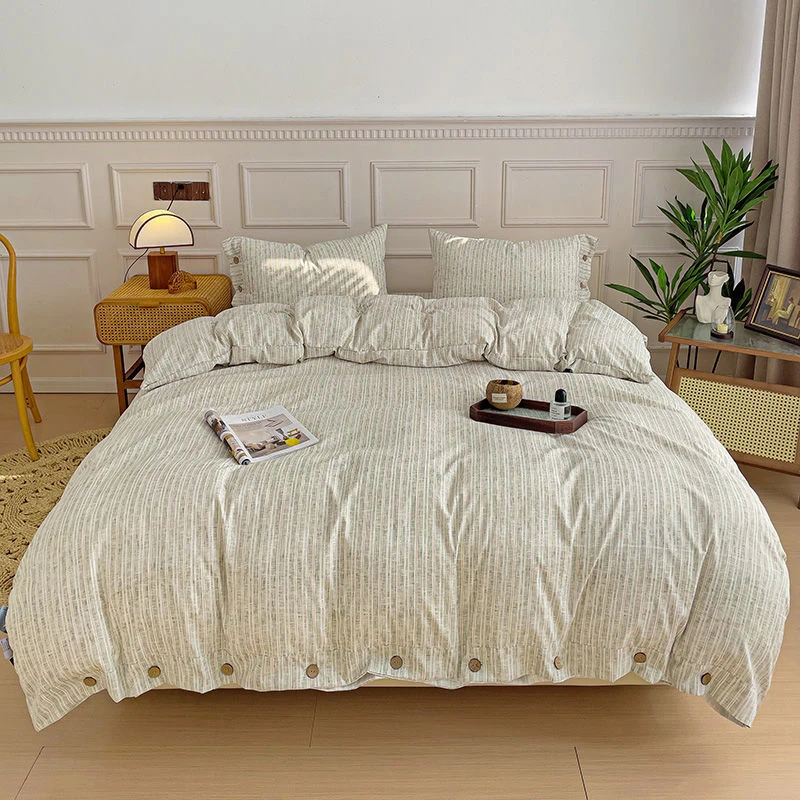 Four-piece bedding set made of dyed pure cotton, including cotton sheet, quilt cover, fitted sheet, suitable for home use, singl