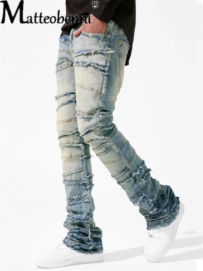 Vintage Men's Straight Jeans Male Youth Four Seasons Casual Patchwork Denim Pants 2025 Fashion High Waist Trousers Streetwear