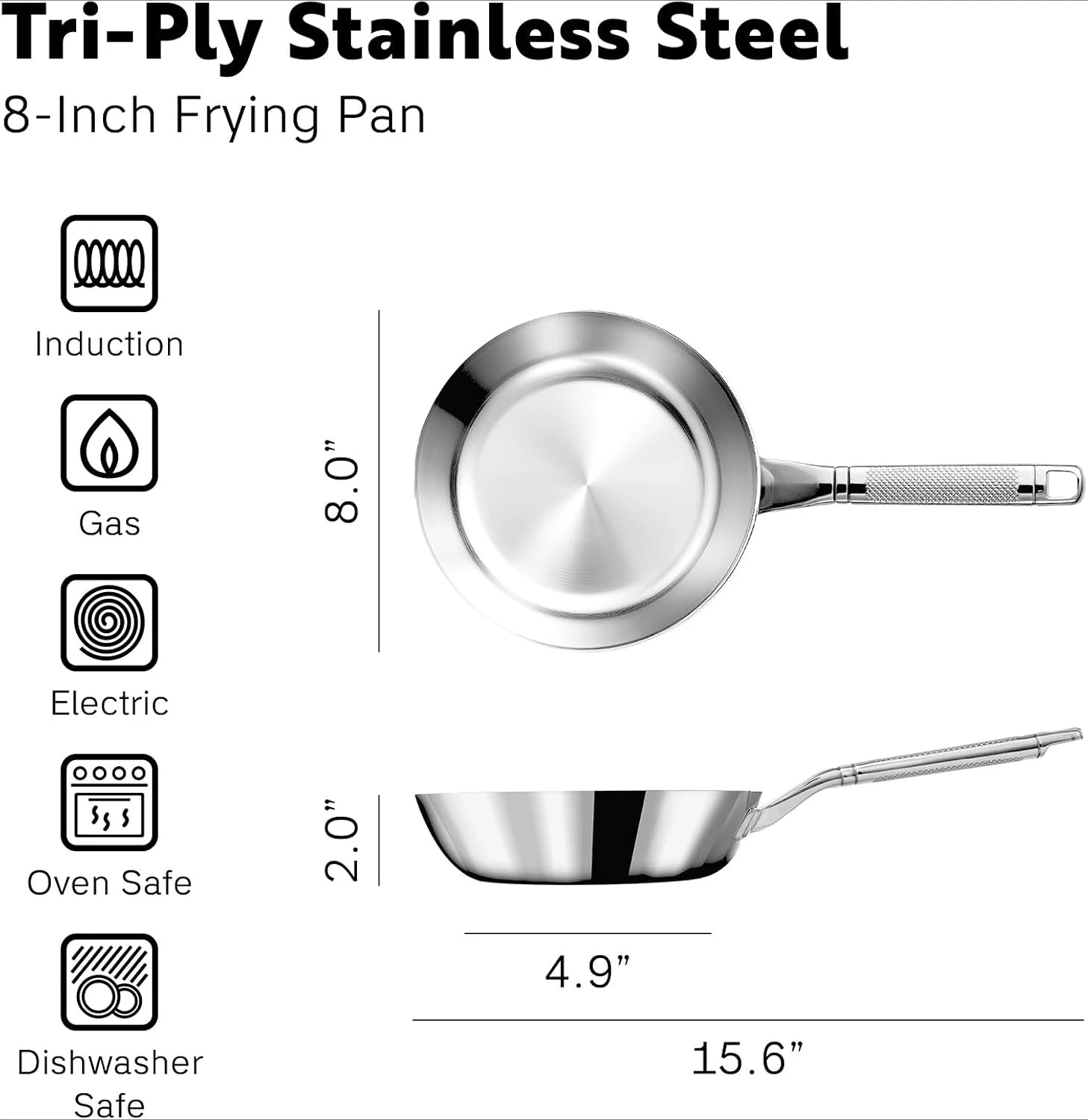 8 Inch Stainless Steel Frying Pan - Fully Clad Tri Ply Stainless Steel Pan with Heat Resistant Handle - Eggs, Omelettes - Coating-Free, Non Toxic Cookware, Induction, Dishwasher Safe