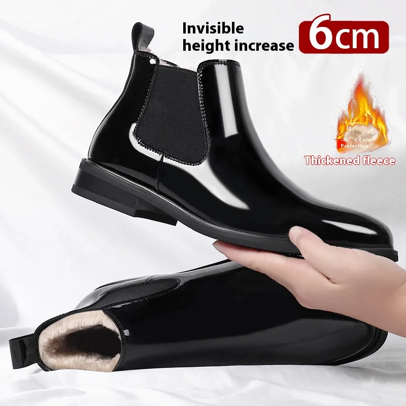 Autumn Winter Warm Fur Men Chelsea Boots Invisible Heel Men Lift Boots Men Leather Elevator Boots Height Increasing Snow Shoes