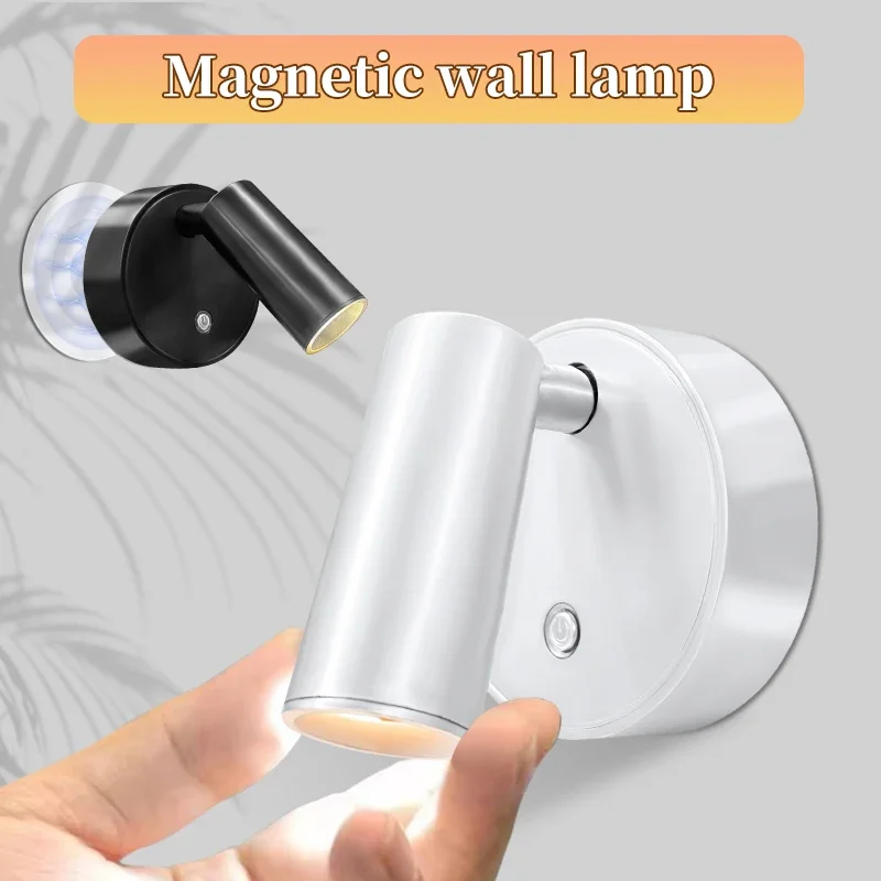 Magnetic Base USB Rechargeable LED Cordless Wall Light with Touch Switch Dimmable Bedside Lamp Black White Magnet for Reading