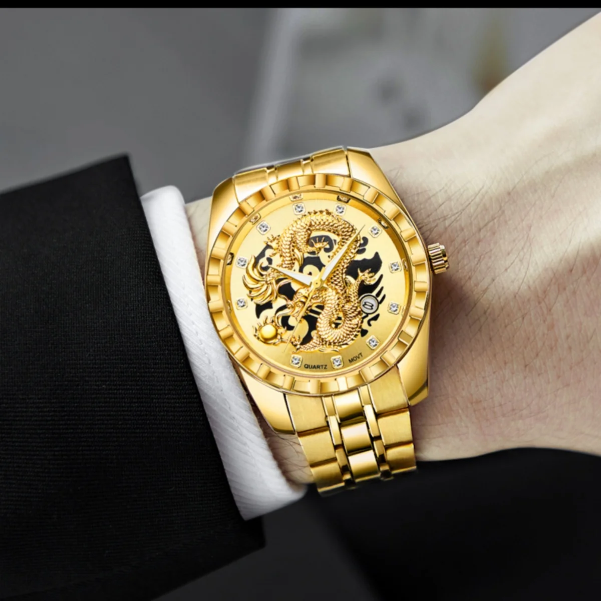 Gold Dragon Long WLISTH Business Men Analog Quartz Watch Fashion Stainless Steel Date Display Luminous Wristwatches Gift Box