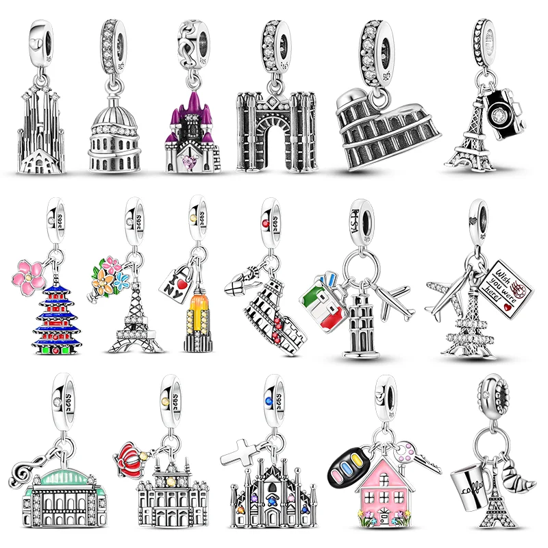 925 Sterling Silver Charms Beads Eiffel Tower Church Castle Dangle Fit Original Bracelet Women Jewelry Gift DIY