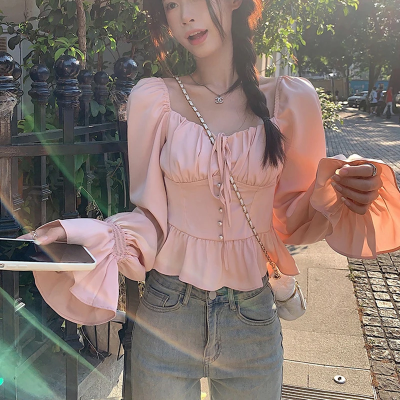 Petal Sleeve Shirts and Blouses Korea Square Collar Elegant and Youth Woman Blouses Female Top Long Sleeve Autumn Clothes 2024