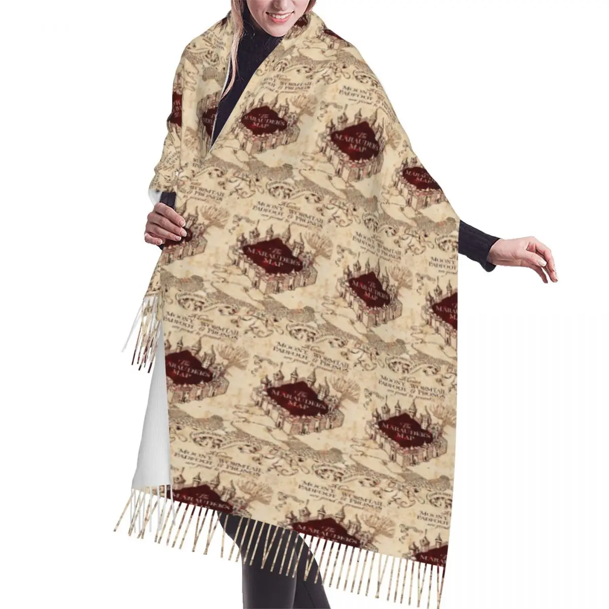 마라우더스 매직 맵 스카프 태슬 스카프 여성용 부드럽고 따뜻한 숄 및 랩 대형 가을 겨울 숄 랩
