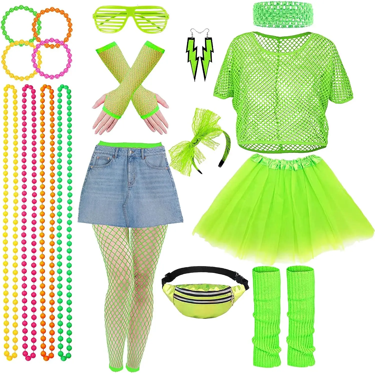 Pesenar 80s 90s Retro Neon Party Outfit Women\'s Costume Accessories Set For Halloween Carnival