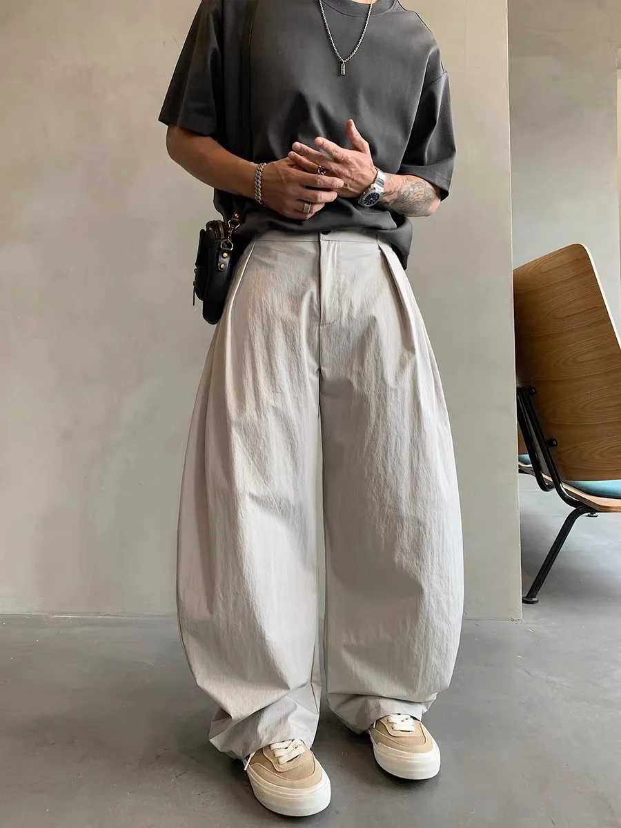 

Loose Casual Men's Summer Thin Wide Leg Pants Design Sense Retro Japanese Sle Pure Color Straight Cut Long Trousers
