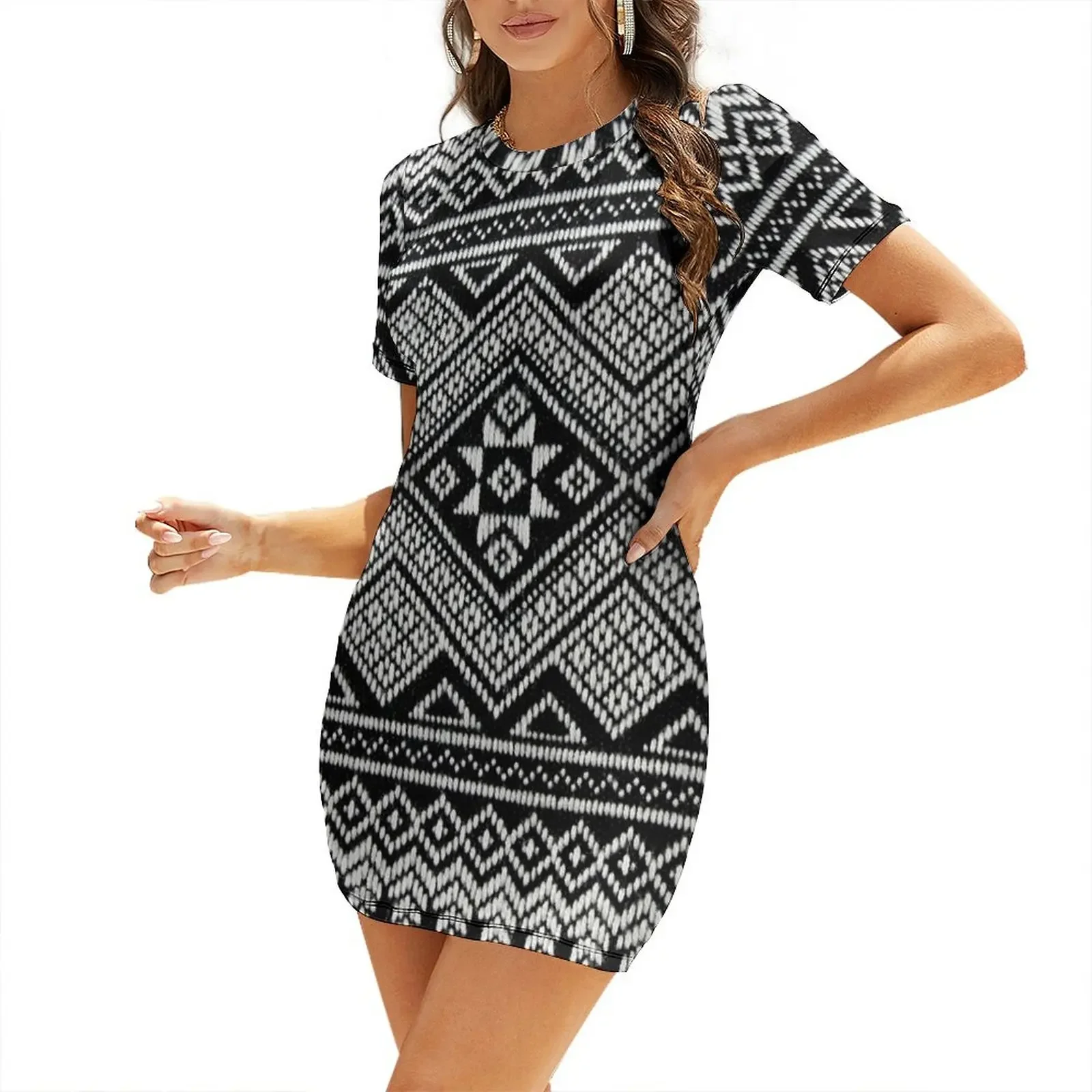 

Thai Silk - Black & White Thai Traditional Silkworms Short-Sleeved Dress summer women's suit Dress