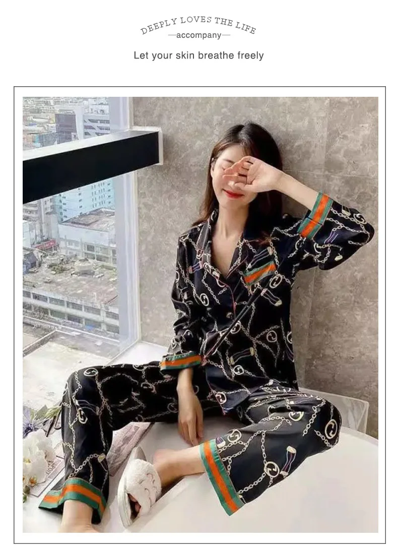 2024 Autumn New Ice Silk Women Pajama Lapel Button Cardigan Outfits for Women 2 Piece Set Fashion Printing Set Clothes for Women