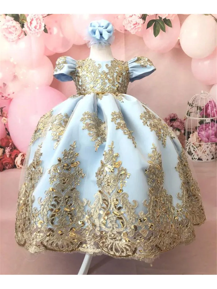 Vestidos de princesa para niña, vestidos para boda, cortos, sin mangas, encaje dorado, satén con lazo grande, vestido de fiesta de cumpleaños para niños