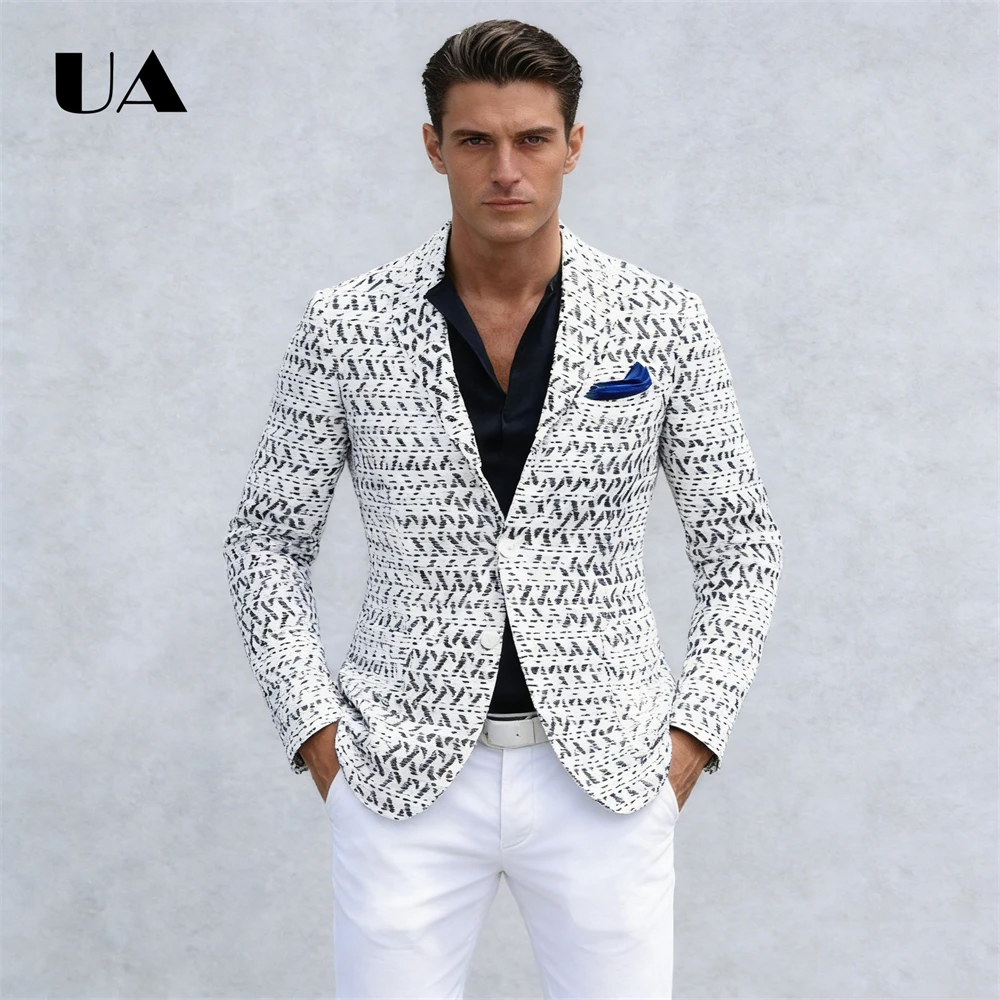

White & Black Abstract Print Slim Fit Blazer Single-Breasted Breathable Fabric Formal Party Cocktail Blazer Slim Fitting Suit