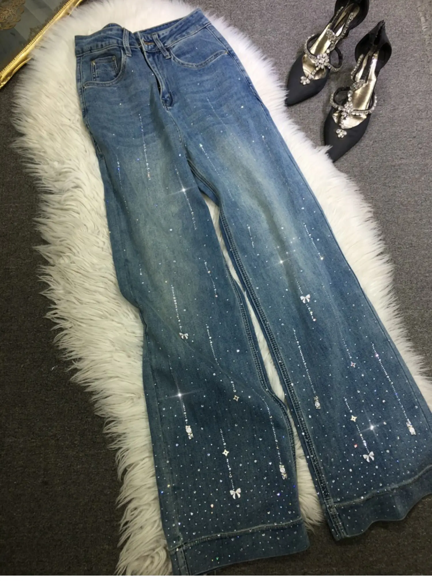 Jean droit taille haute en coton bleu clair pour fille, pantalon élastique à jambes larges, diamant chaud, industrie lourde américaine, nouvelle collection printemps été