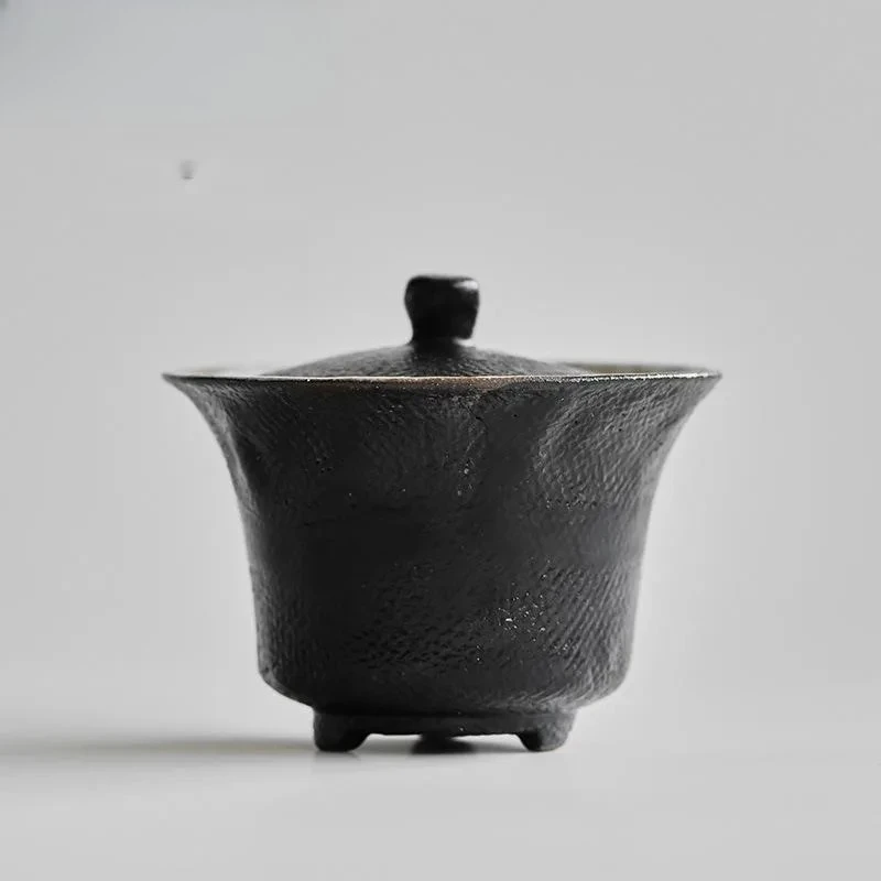 130ml Black Lacquer Coarse Pottery Gaiwan Handmade Three Legged Tea Tureen Tea Making Cover Bowl for Kung Fu Tea Collection Gift