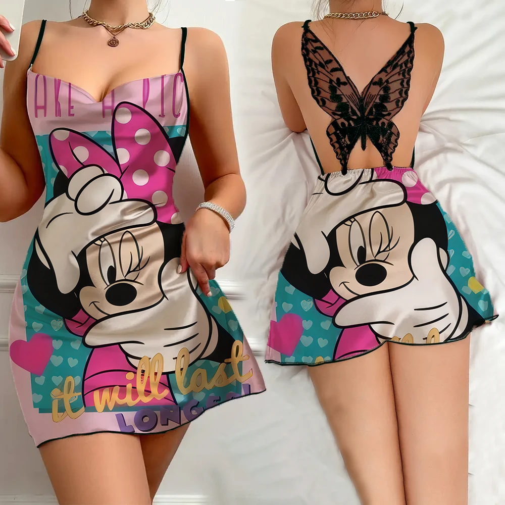 Softy New Cartoon Women's Summer Pajamas Woman Sexy Nightdress Homelike Dresses 2024 Slip Dress Woman Disney Minnie Pattern