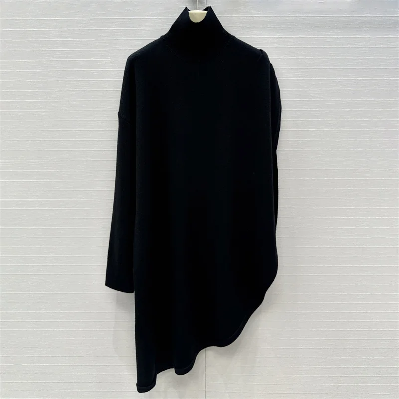 Suéter de mujer nuevo top de manga larga de punto elástico para otoño 2025 jersey asimétrico de cuello alto mezcla de lana cuello alto de mujer