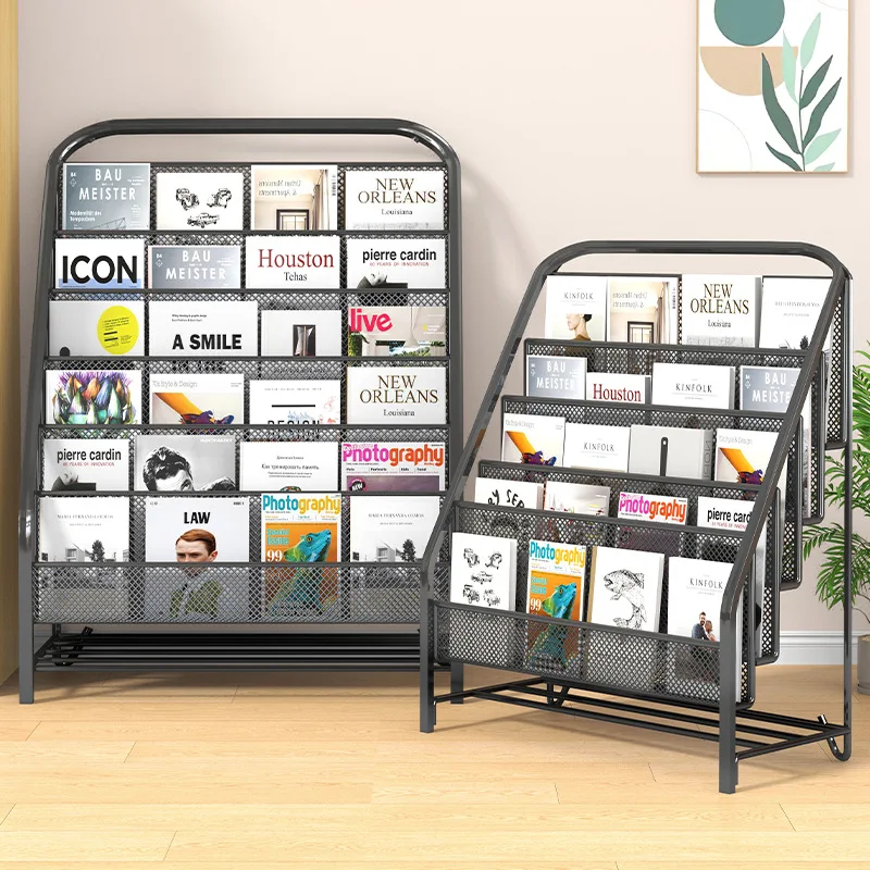 AOLIVIYA Wrought Iron Floor Bookcase Cabinet Library Shelves Desk Bookshelf Storage Rack Wall Magazine Display Organizer