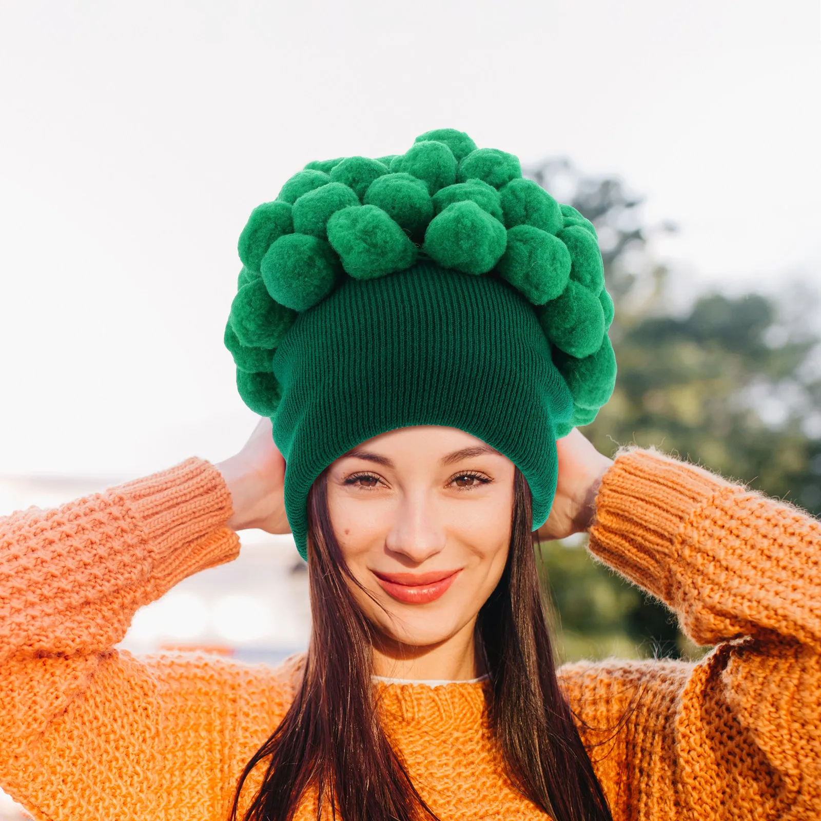Broccoli Hat Funny Knitted Vegetable Costume Pom Pom Warm Cozy Crochet Party Headgear Unique Cosplay Accessory for Autumn Winter