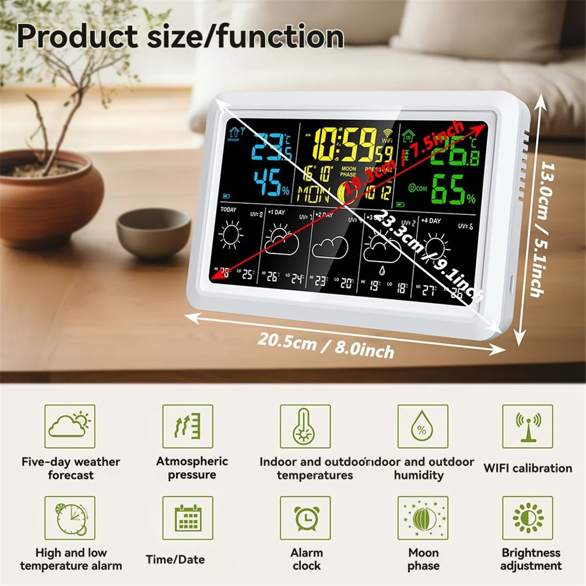 ABNJ WIFI Multifunction Tuya Weather Station Air Quality Temperature Humidity Meter Moon Phase Air Pressure Weather Clock(US)