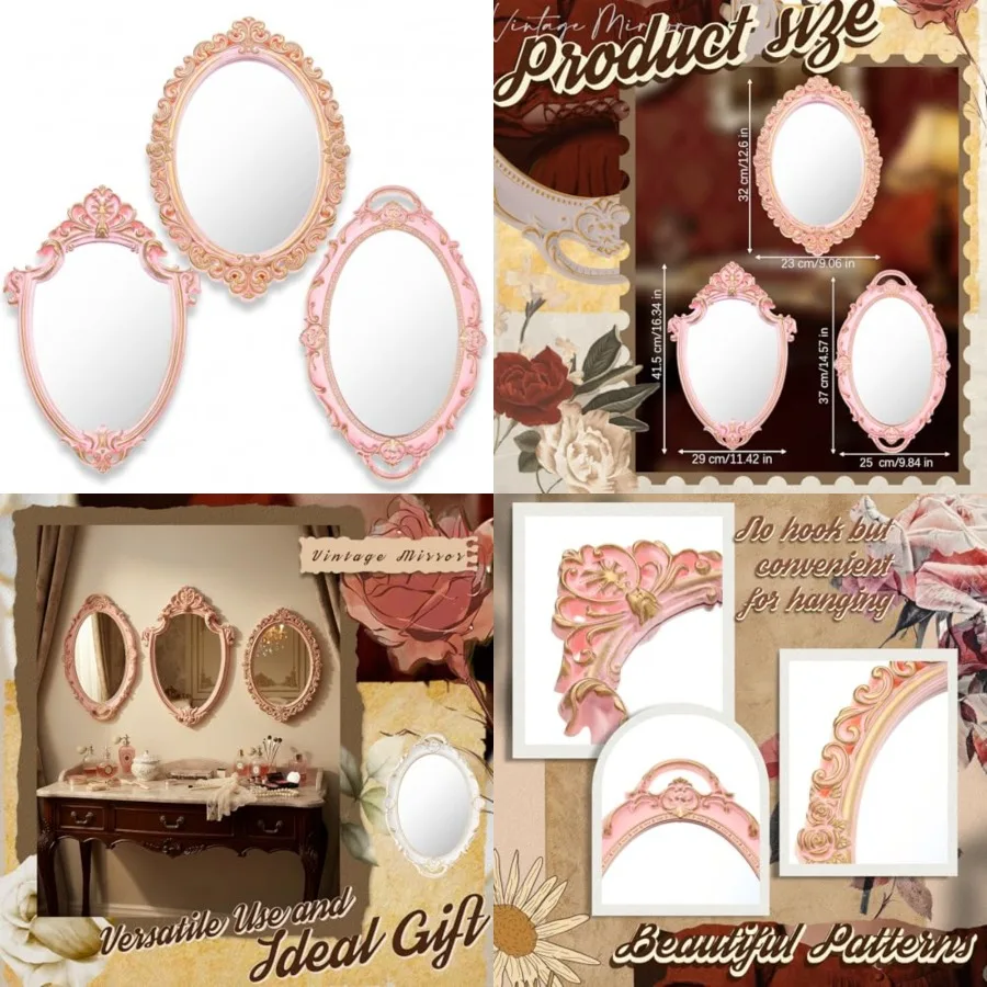 

Style Vintage Mirrors Set Decorative Oval Wall Mirror Small Antique Mirrored Tray Decorative Hanging Mirror for Bathroom Bedroo