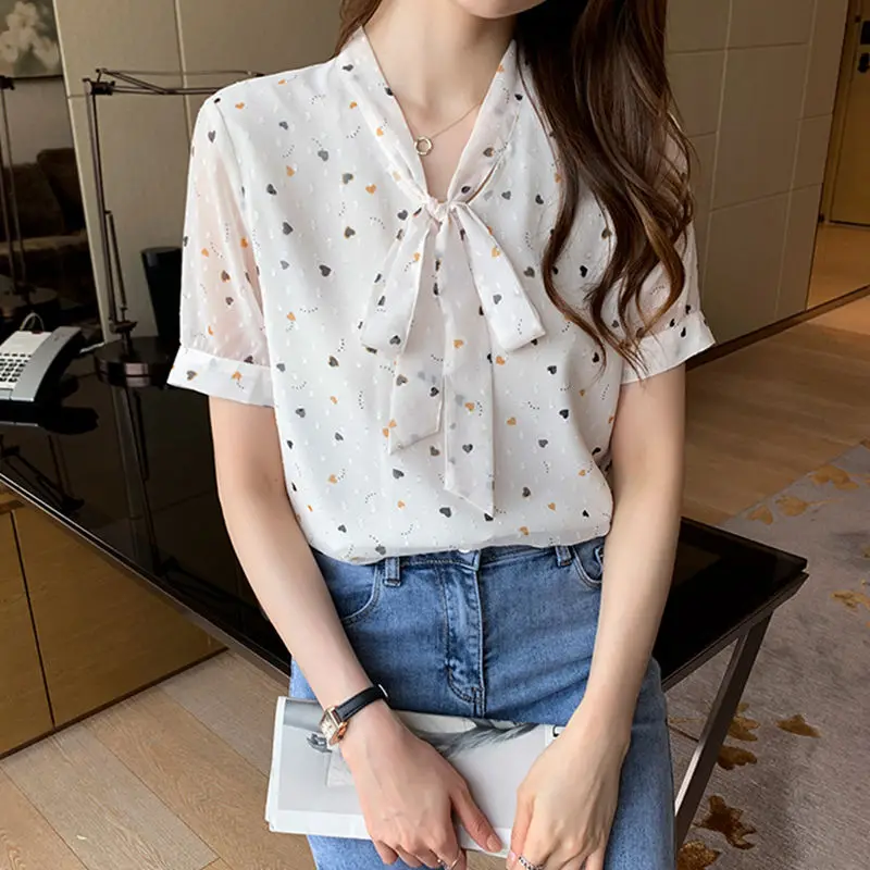 

Fashion V-Neck Printed Lace Up Bow Chiffon Blouses Female Clothing 2025 Summer New Loose Short Sleeve Sweet Tops Casual Shirts