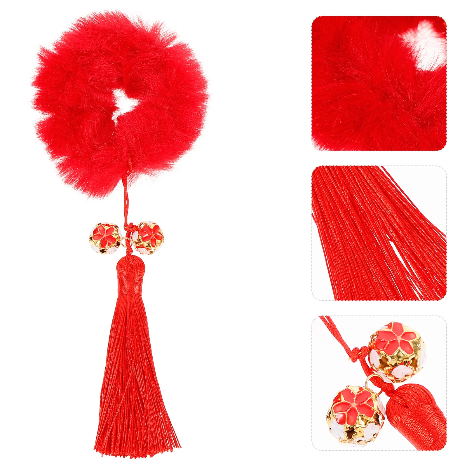 

2Pairs Chinese Red Tassel Hair Ropes New Year Hair Accessories Kids Girl Ponytail Holder Spring Festival Headdress Party Decor