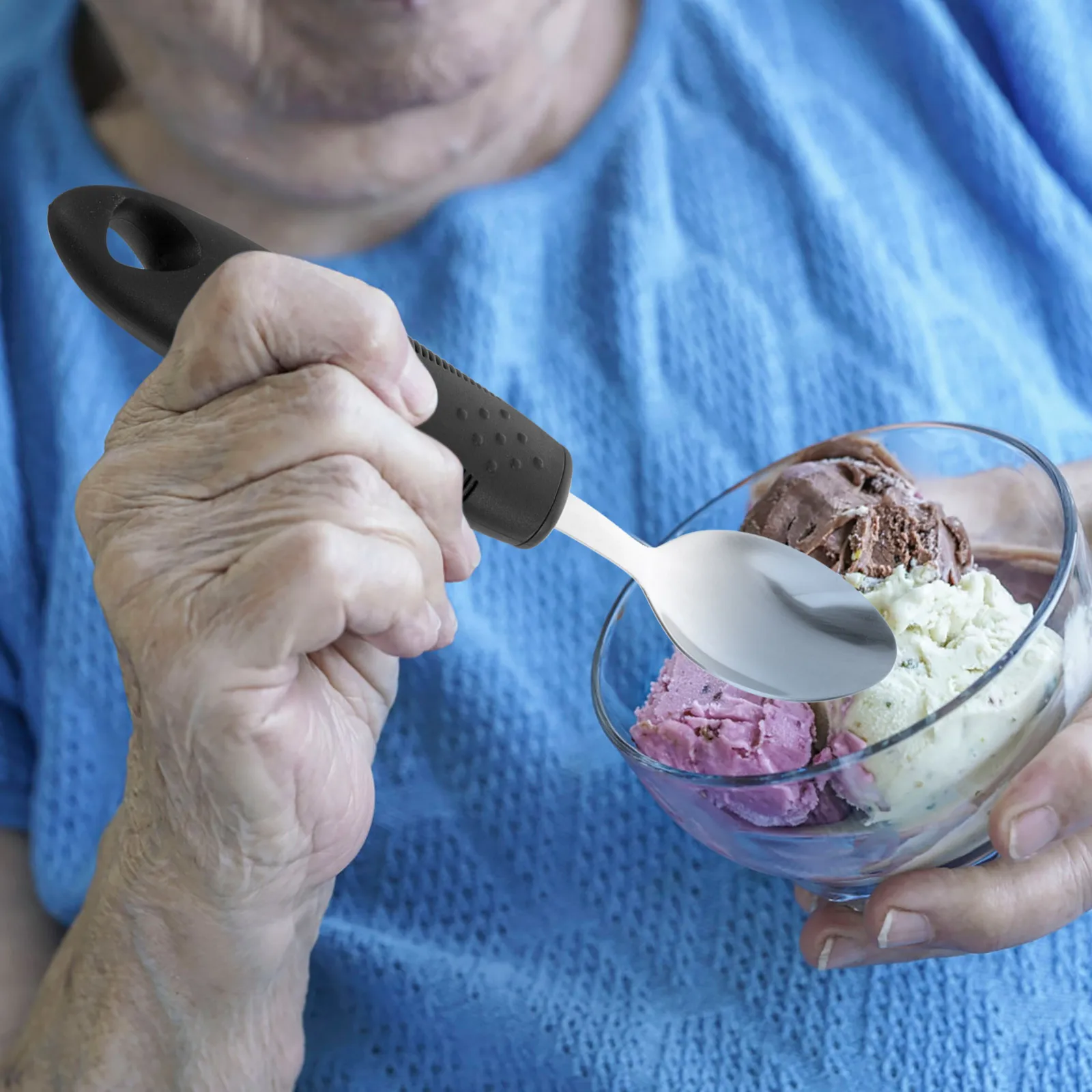 

3Pcs Elderly Adaptive Cutlery Set Tremble Proof Stainless Steel and Plastic Utensils Non-Slip Handle for Weak Hand Grip Users