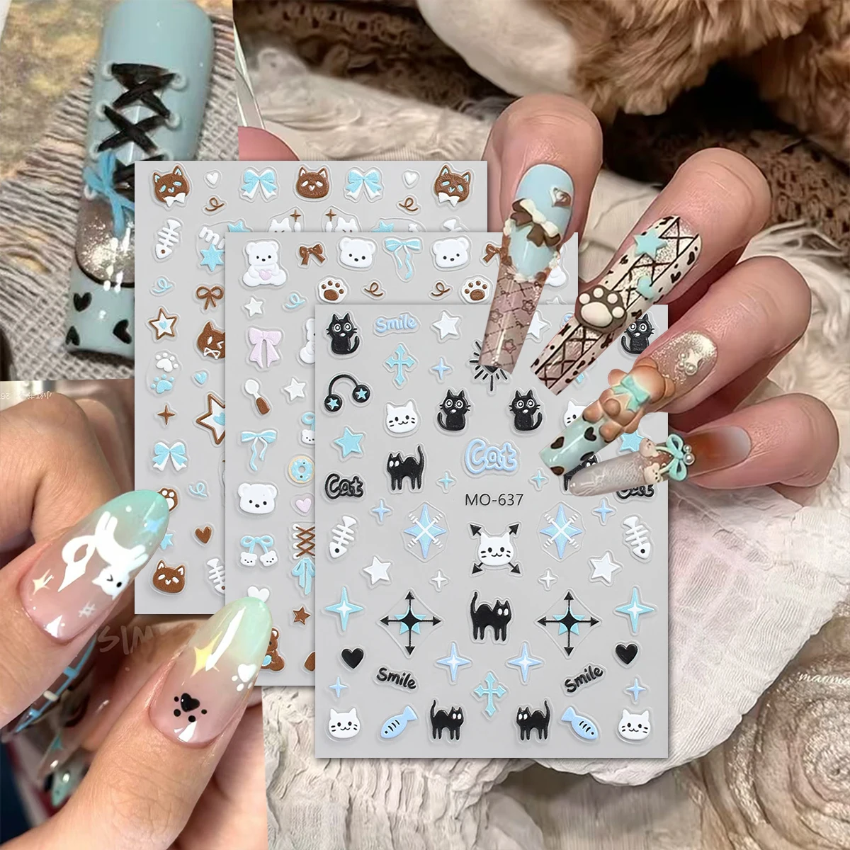3/6 Blatt süße 5D-geprägte Katzen-Nagelaufkleber, blau, braun, weiß, Schleife und Pfoten-Nagelaufkleber, Kawaii-Nagelkunst-Dekorationen