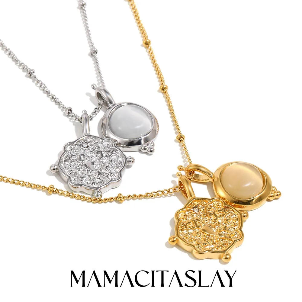 MamacitaSlay 316L Stainless Steel Sun Moon Pendant Necklace 18K Gold Plated Waterproof Neck Jewelry Women's Elegant Necklace