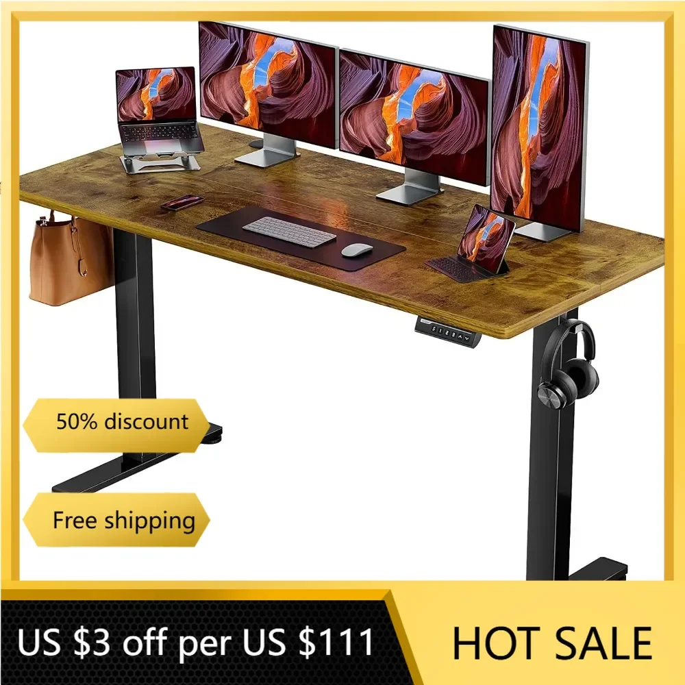 

Height Adjustable Electric Standing Desk, 63 x 28 Inches Sit Stand up Desk, Memory Computer Home Office Desk (Vintage Brown)