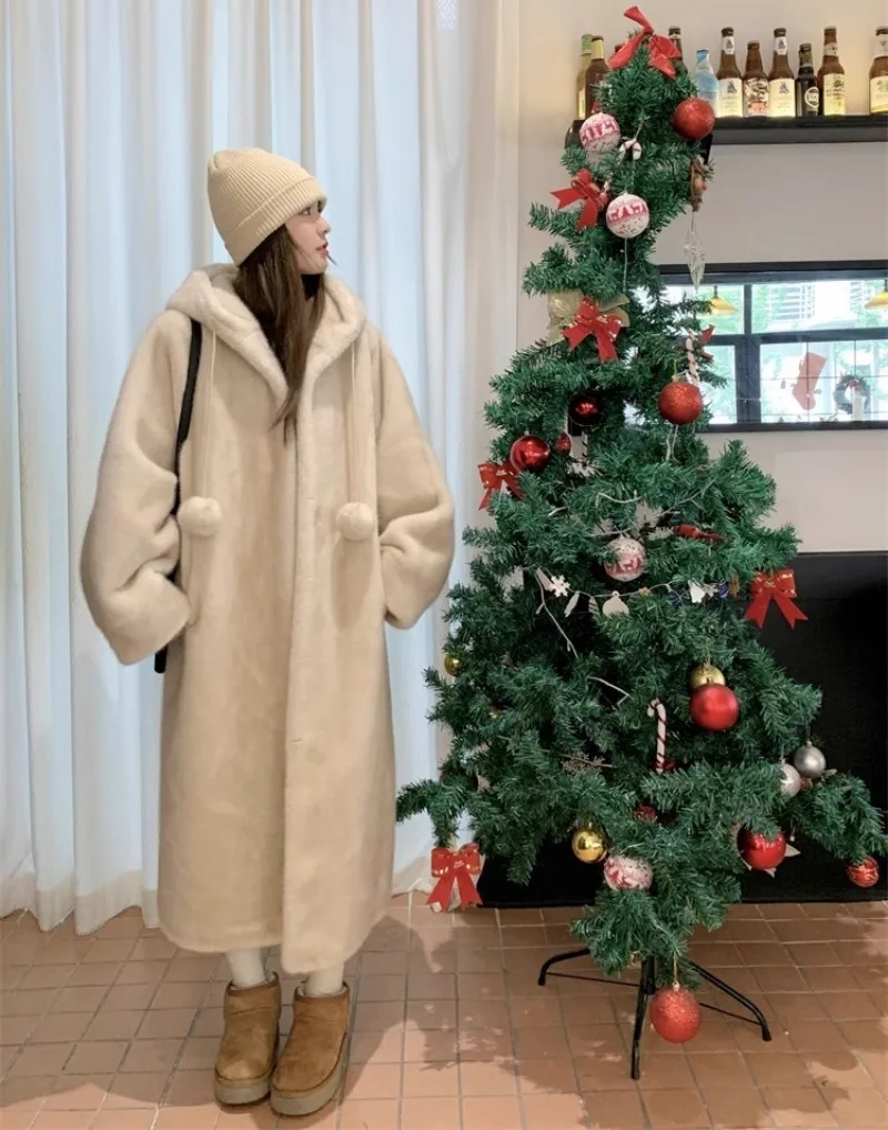 

2026 Halloween Christmas Winter Hooded Thick Witch Long Mink Fur Fur Plush Eco-friendly Coat with Fur Integrated